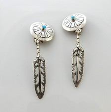 One of a Kind Handmade Sterling Silver Blue Turquoise Clip Feather Earrings