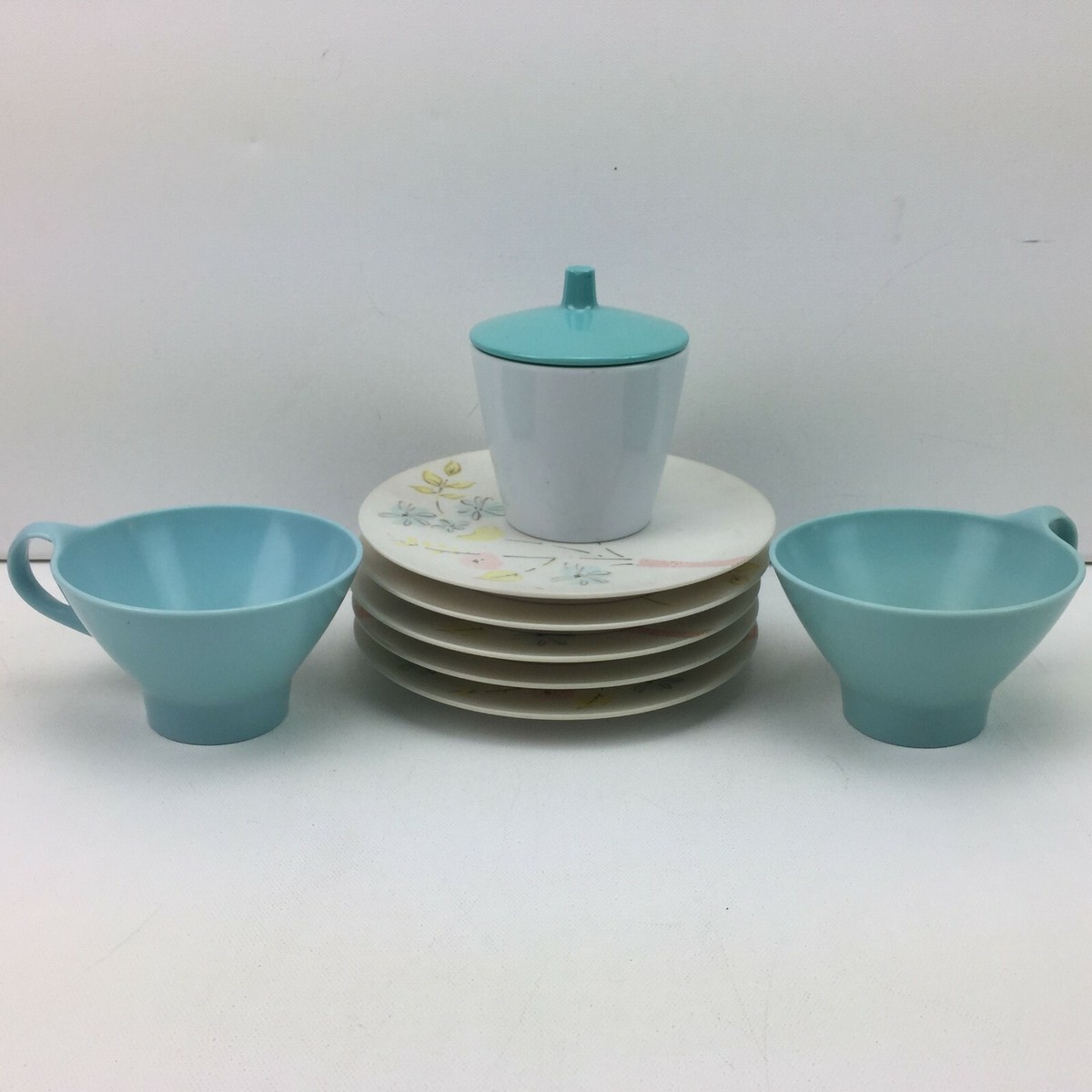 Vintage Lucent Melamine Floral Round Plates Tea Cups Sugar Bowl