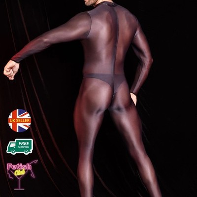 Herren Glanz Bodystocking Offener Schritt Transparent Netz Ganzbody Transparent Catsuit