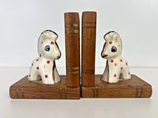 Vintage Ceramic Pony Bookends Spotted Foal Horses on Wooden Bases 7.5x9cm Retro