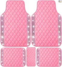 Pink Bling Leather Car Floor Mats Full Set, Sparkly - Pink Leather Diamond