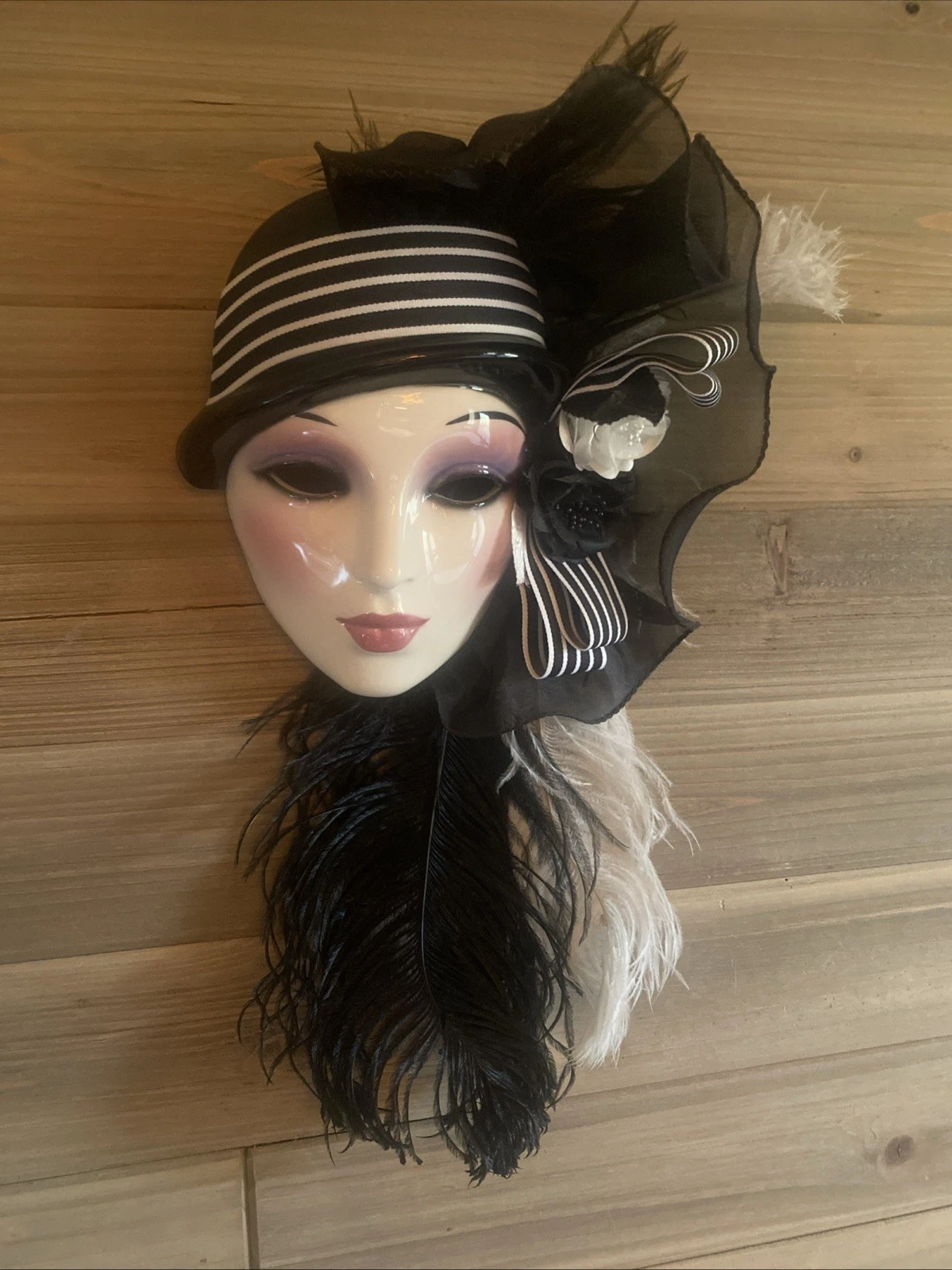 Clay Art Elegant Black & White Feathered Lady Face Mask USA Made Art Deco style