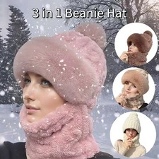 3 in 1 Beanie Hat with Scarf and Mask Winter Thermal Balaclava Neck Warmer Women