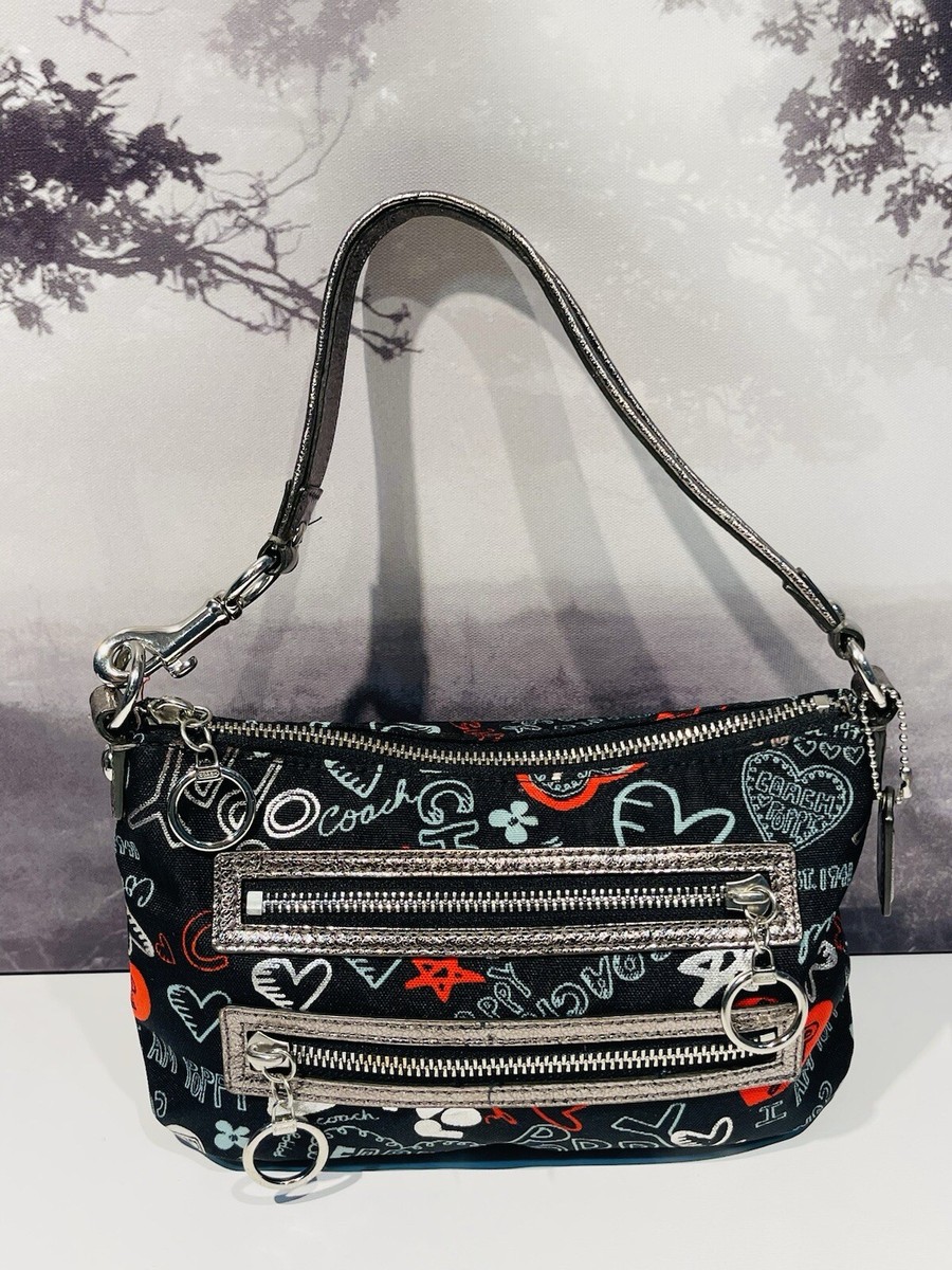 Coach Poppy Black Graffiti Hearts Small Hand Bag/Purse