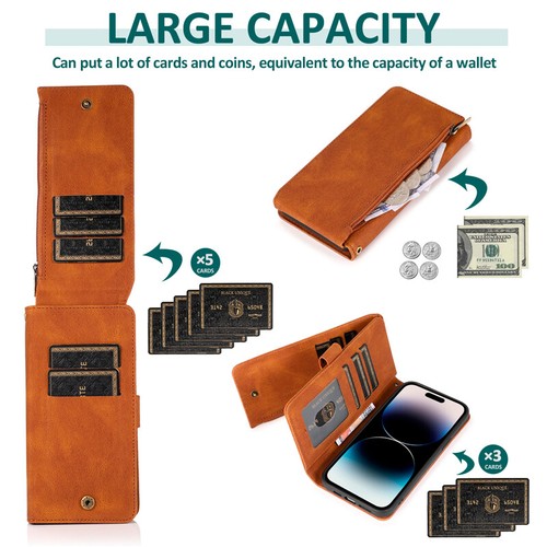 For iPhone 16e/16/15/14/13/12/11 XR SE 8 Zip Wallet Case Card Leather Flip Cover - Picture 8 of 42