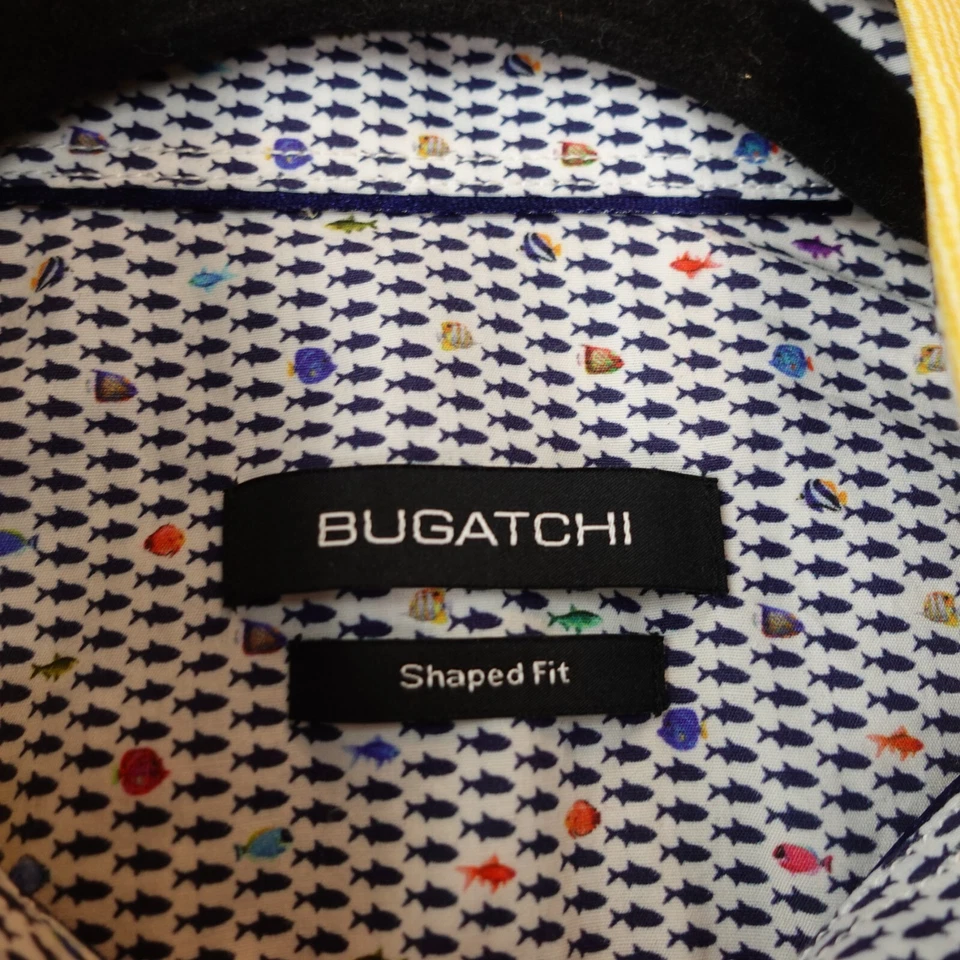 Pinstriped Dress Shirt Mens Large Yellow Flip Cuff Roll Tab Summer Fall BUGATCHI - Image 3 of 4