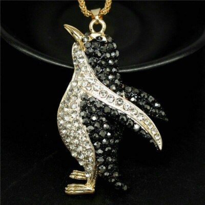 Unisex Penguin Pendant 2Ct Black/White Diamond 14K Yellow Gold Over Free Chain