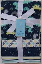 Zak & Zoey 4 Pack Blue Gray Dinosaur Triangle Stripe Cotton Receiving Blankets