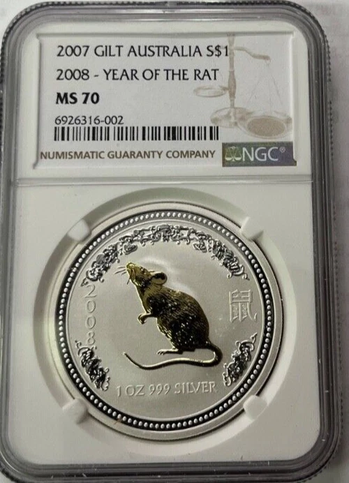 2007 SILVER AUSTRALIA 1 OZ GILT $1 2008 YEAR OF RAT LUNAR COIN NGC MS 70 RARE - Image 2 of 3