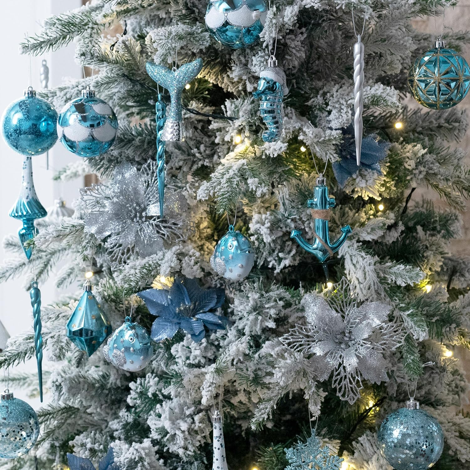 Christmas Tree Decorations Set, 60Ct Light Blue and Silver Shatterproof