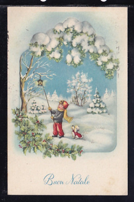 Merry Christmas Postcard Child Lighting Lantern Dog Landscape Z1164