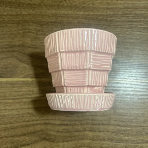 Vtg McCoy Pottery Pink Basketweave Planter Pot 3 1/4" Tall  w/Attach Saucer
