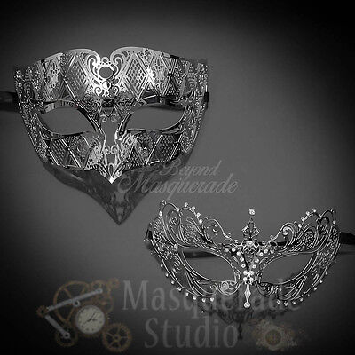 Couples Silver Roman and Silver Extravagant Costume Party Masquerade Masks Set