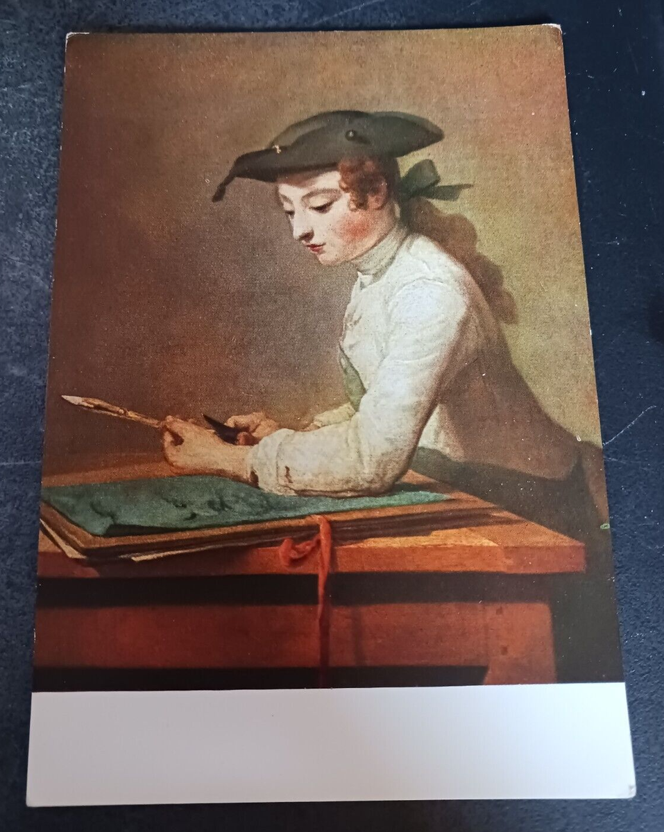 vtg postcard Chardin Young Draughtsman painting art unposted