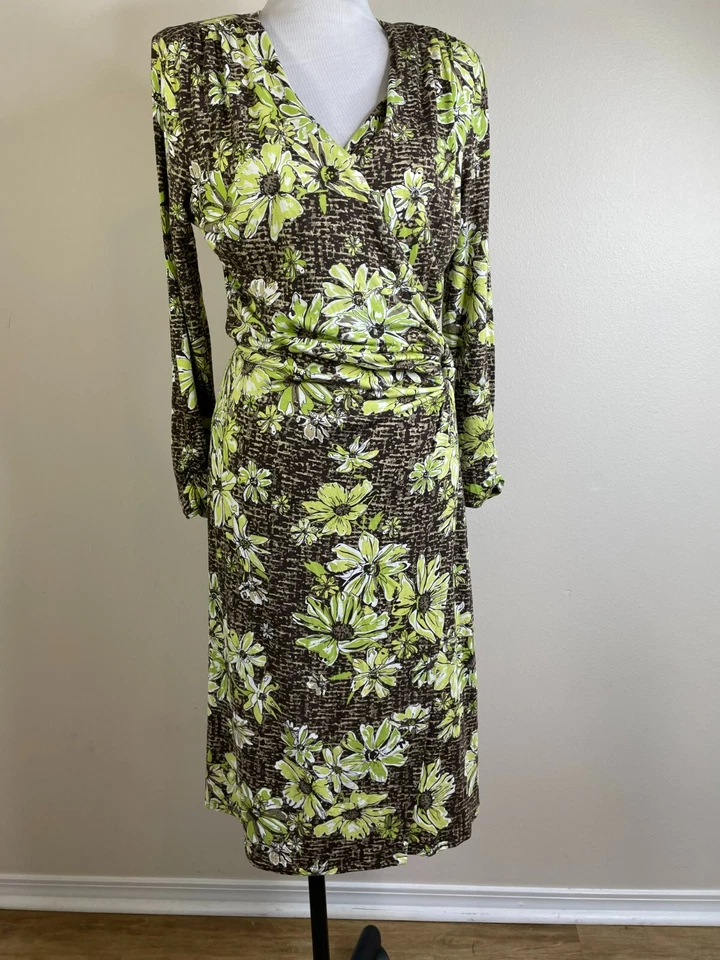 VESTIDO Pendleton Mujer Imitación Envolvente - Talla Mediana Marrón Verde Floral Elastizado Midi Foto 2 de 4