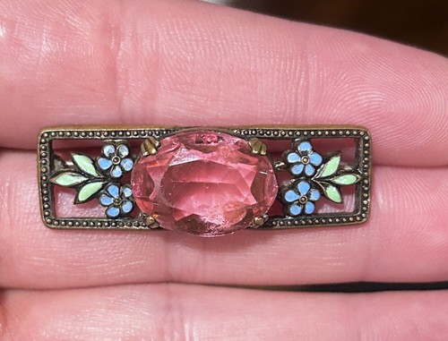 VTG CZECH FACETED Open Back PINK CUT CRYSTAL and Floral ENAMEL BROOCH C Clasp - Picture 3 of 8
