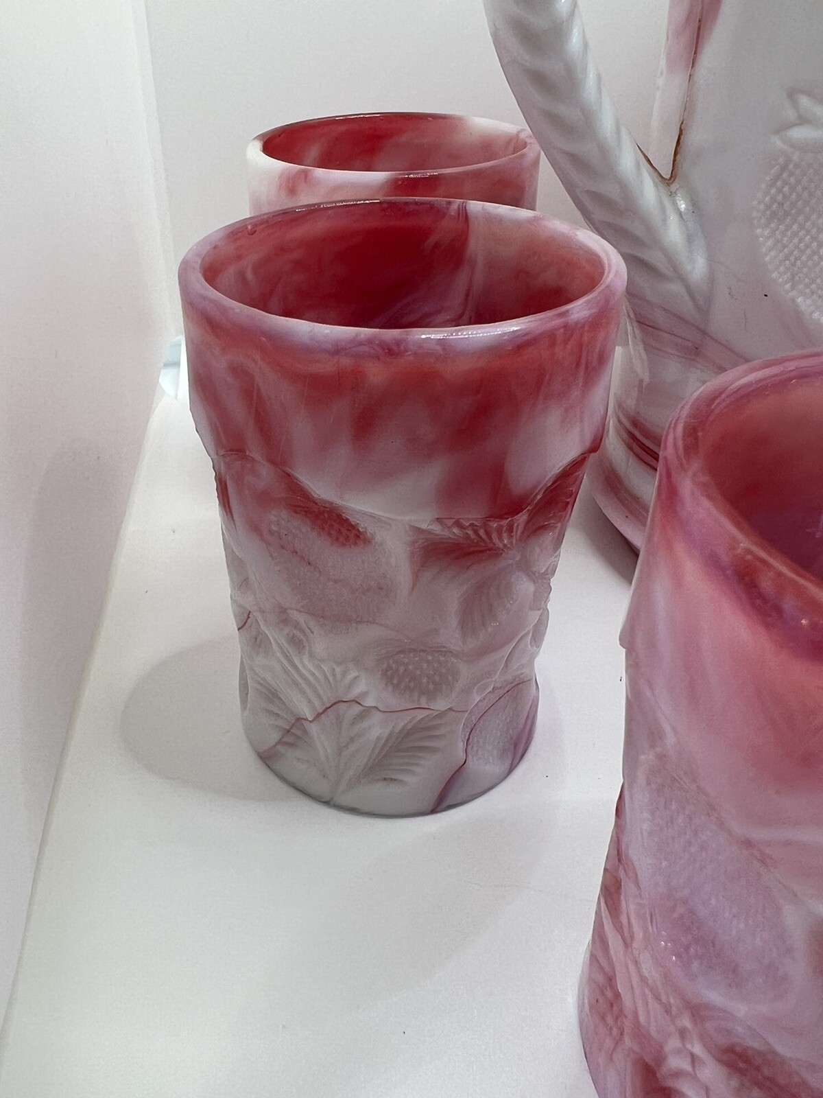 Cambridge Glass Near Cut Inverted Strawberry Pink Slag Pitcher and 6