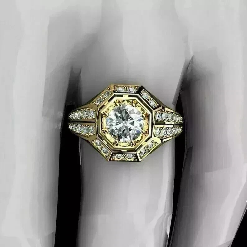 3 Ct Round Cut Real Moissanite Men's Engagement Ring 14K Yellow Gold Plated