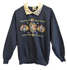 Vintage Womens Sweatshirt Floral M Navy White Collar Grandma Cottage Core 90's