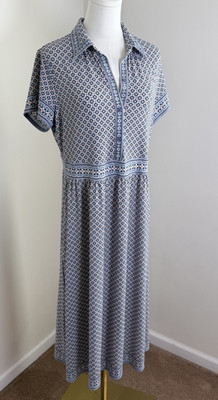 Max Studio Dress Women Large Blue Floral Midi Shirt Dress Short Sleeve Stretch