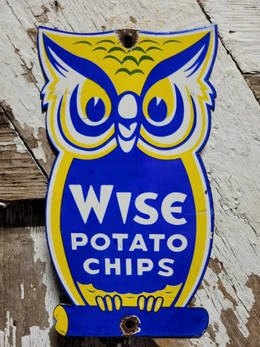 VINTAGE WISE PORCELAIN SIGN OLD GROCERY STORE POTATOE CHIPS OWL FOOD SUPERMARKET
