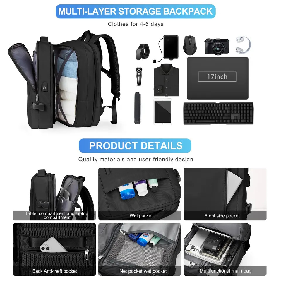 Expandable Laptop Backpack Waterproof Business Travel Bag Large Capacity 40L image 2