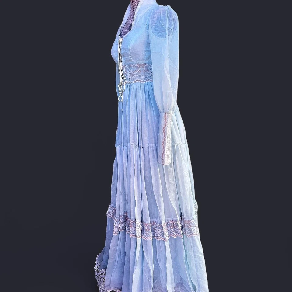 Vestido Gunne Sax Cottagecore De Colección Años 70 Pradera Semi Transparente Encaje Azul Corsé Talla - 5 Foto 2 de 4