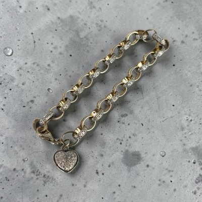 Ross Simons 925 Sterling Silver Two Tone Textured Rolo Link Heart Bracelet 7.5''
