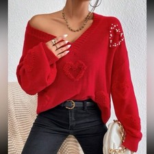 Red Pearl Beaded Heart Sweater - Medium