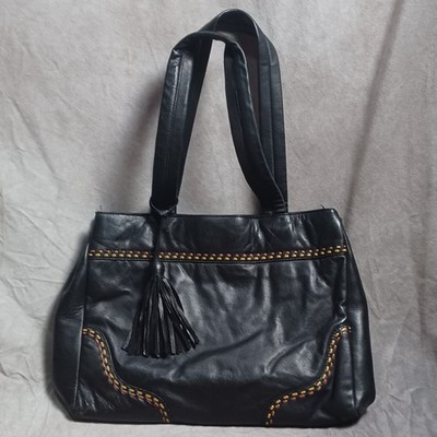 Debenhams 100 % weiches Leder Beuteltasche Handtasche schwarze Nähte Quaste Schultertasche