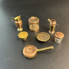 7 Vtg Miniature Copper Brass Doll House Lot Pitcher Bird Cage Bowl Pan Grill