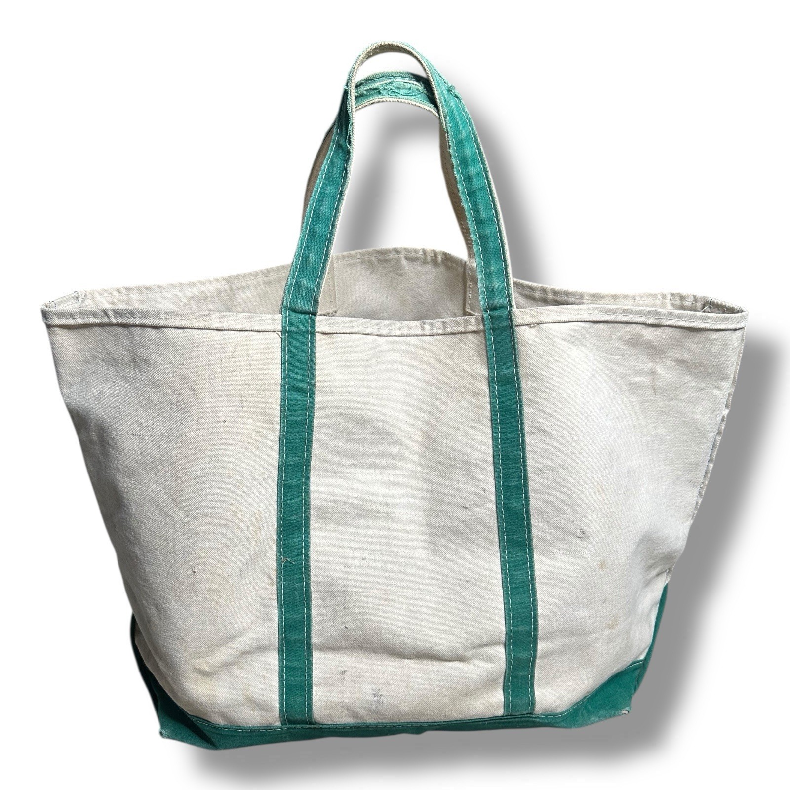 Vintage 90s LL Bean XL Boat & Tote Canvas Bag Green Trim Blue Stitch