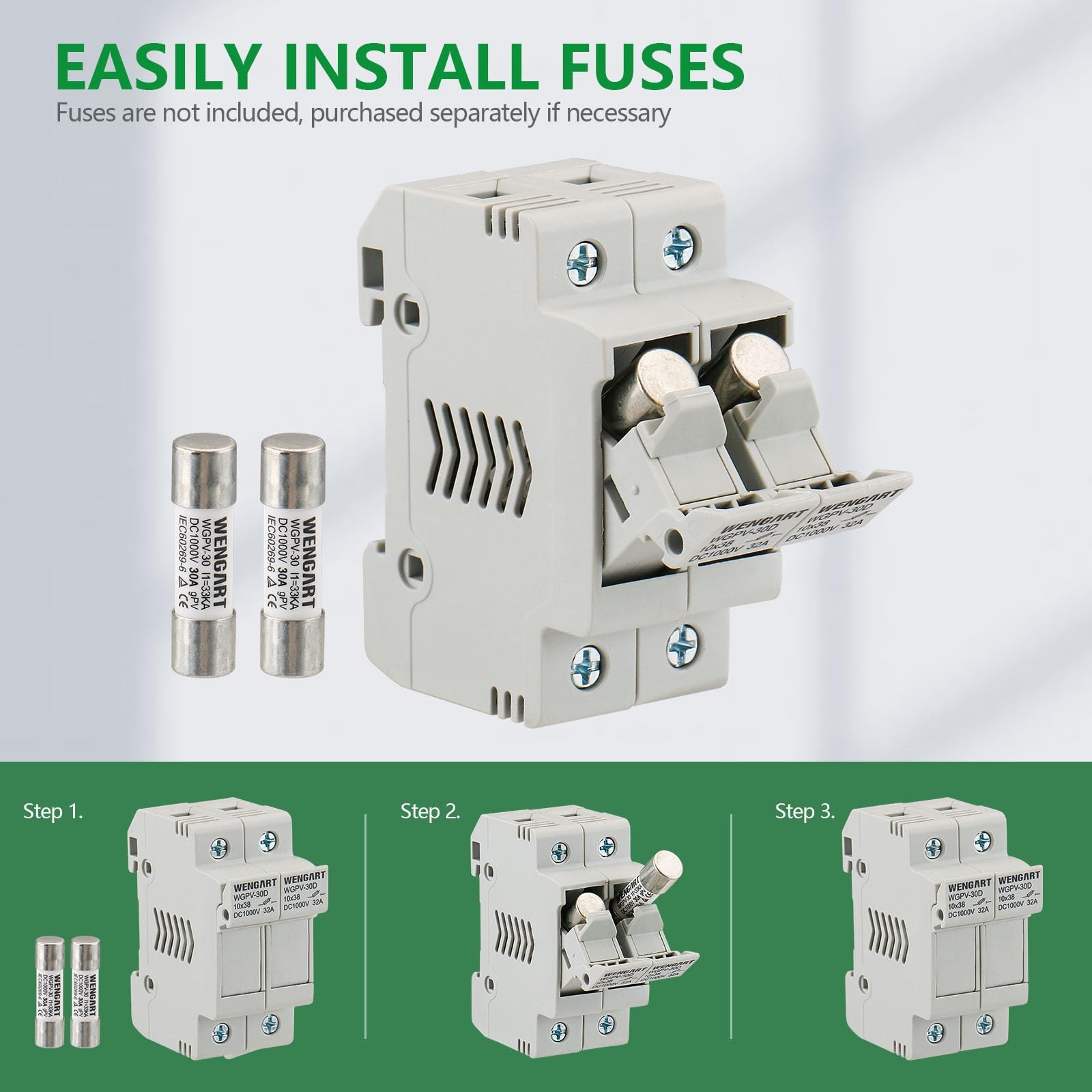 Solar Fuse Holder WGPV-30D,2 Pole DC1000V 35mmDIN Rail Mount Fuse Holder for ...