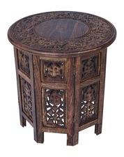 Side Table in Mango Wood-Handcrafted Solid Wood End Table, Carved Accent Tabl...