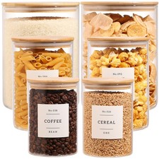 6-Pack Borosilicate Glass Storage Jars with Bamboo Lids 132 Large, clear