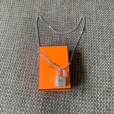 HERMES Padlock Necklace No.107 Silver Tone w/ Aftermarket Chain Box Used
