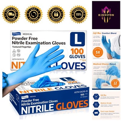 Comfort Fit Blue Nitrile Gloves, 100 Pack - Medical/ Food Safe & Dexterous