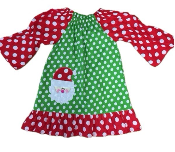 Girl’s M 3-4T Red Green Polka Dot Ruffle Christmas Dress Santa Appliqué Holiday