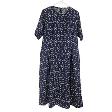 Toast Maxi Dress Navy Blue Linen Cotton Blend Geometric Tribal Lagenlook Size 16
