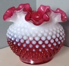 Vintage FENTON Cranberry OPALESCENT Hobnail RUFFLED 5" Art Glass Vase