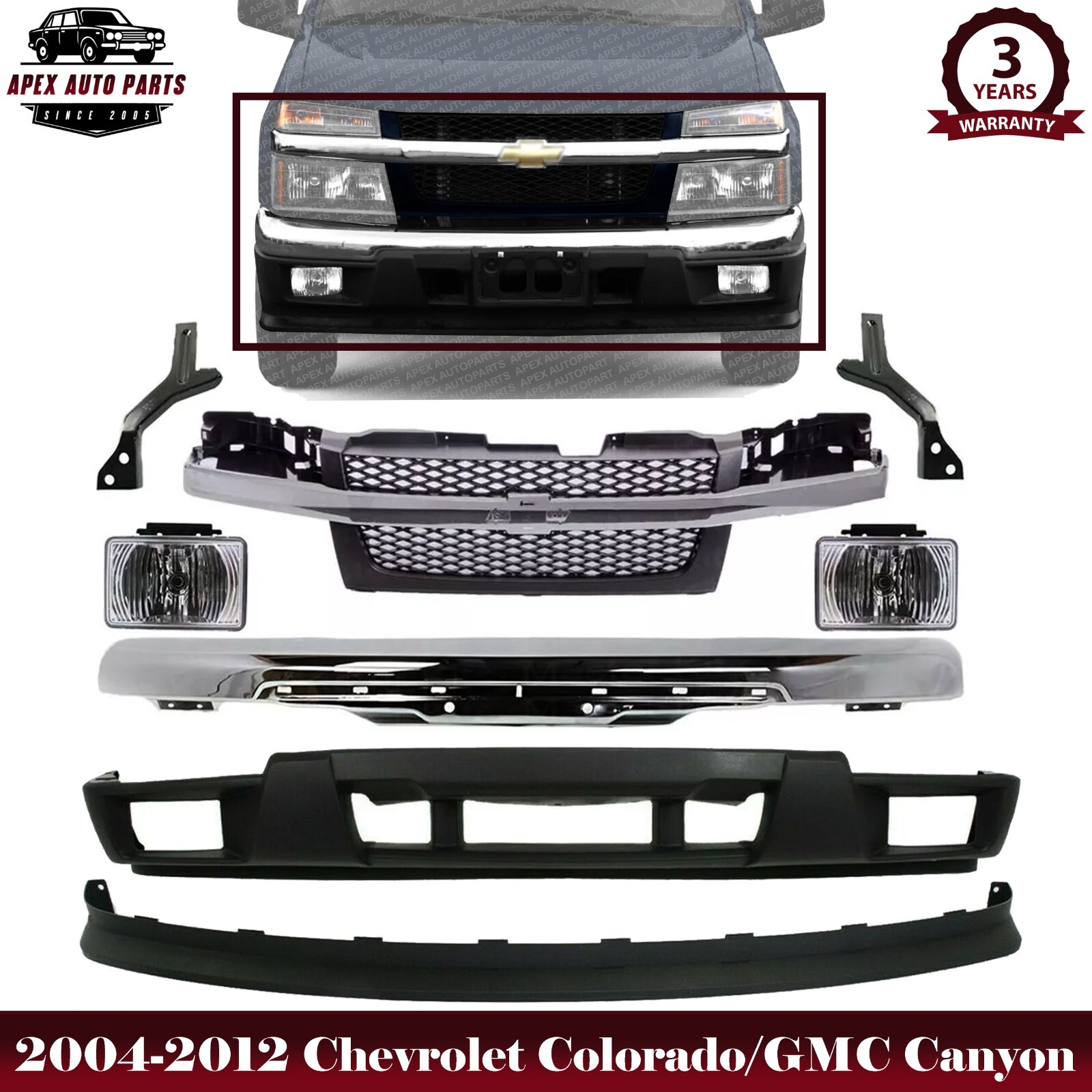 Front Bumper Chrome & Grille Assembly Kit For 2004-2012 Chevrolet Colorado