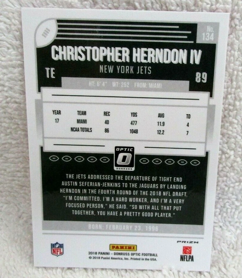 Christopher Herndon IV RC 2018 Panini Optic O Pink Refractor Rookie Card!Jets   - Image 2 of 2