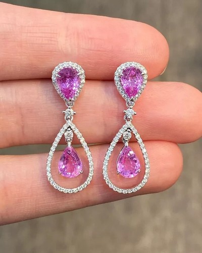 Pear Cut 4.10Ct Natural Pink Sapphire & Diamond Earring Stud 14K Real White Gold - Picture 2 of 6