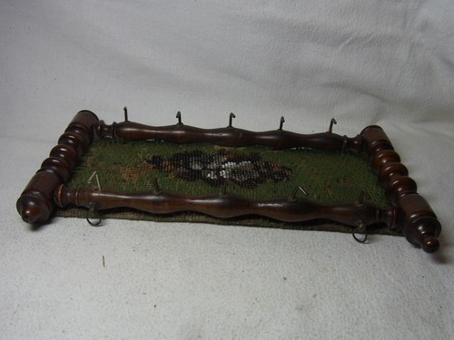 Key Rack Fabric with Glass Pearls and Turned Wood Antique German #M - Picture 9 of 12