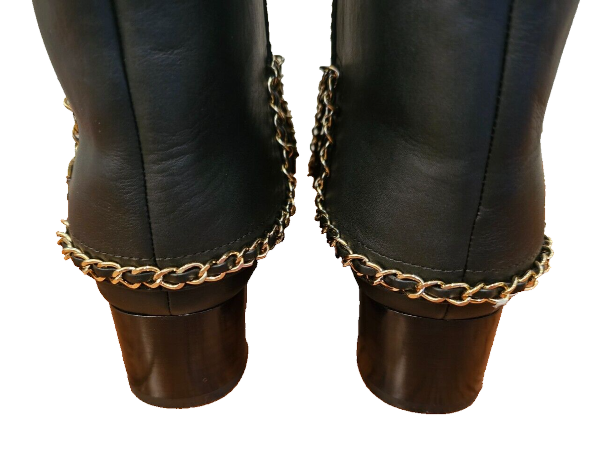CHANEL Calfskin Over the Knee Chain Detail Black CC Interlocking