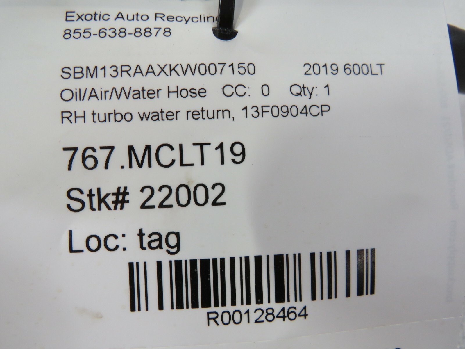 McLaren 600LT, RH, Right, Turbo Water Line, Used, P/N 13F0904CP
