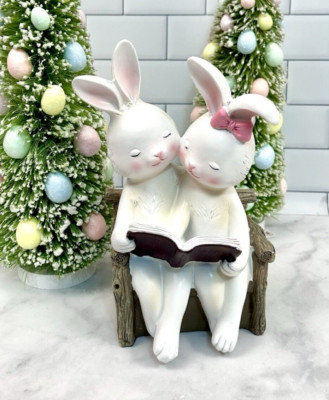 Easter Bunny Reading Book on Bench Statue Figurine New