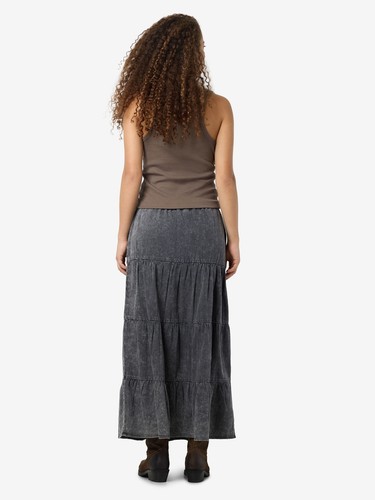 Falda larga para mujer con cintura elástica y diseño de denim vintage y volantes - Imagen 4 de 8