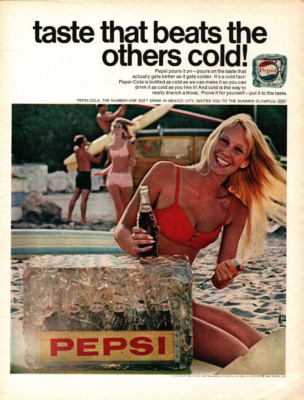 Pepsi Print Ad Vtg. 1968 Yellow Wood Crate in Ice Block Full Page Advertisement
