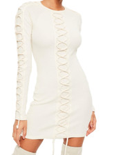 Lace Up Detail Rib Bodycon Dress Cream Size UK 14 DH190 JJ 06